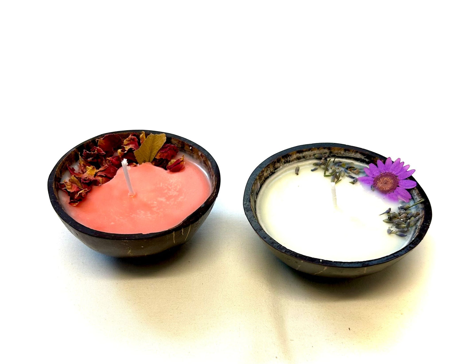 Small size of ROSE and LAVENDER scented coconut shell SOY WAX candles with Wooden slice and Bottle of matches