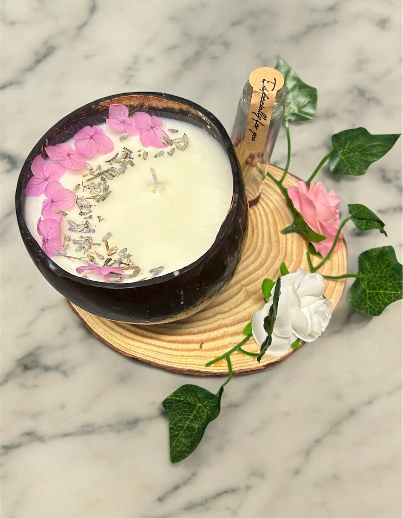 LAVENDER Scented Coco shell candle with wooden slice and bottle of matches!