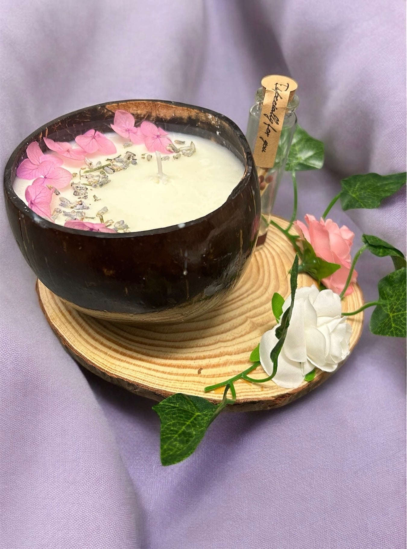 LAVENDER Scented Coco shell candle with wooden slice and bottle of matches!