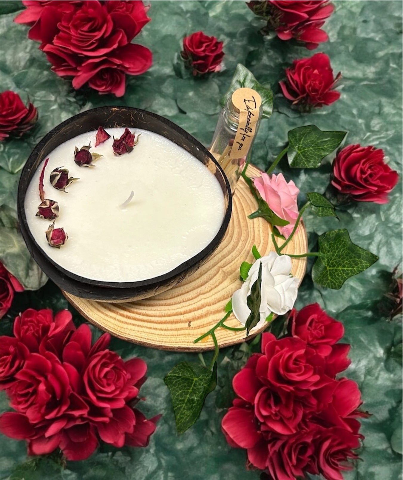 ROSE Scented Coco shell Candle with Wooden Slice and Bottle of matches.