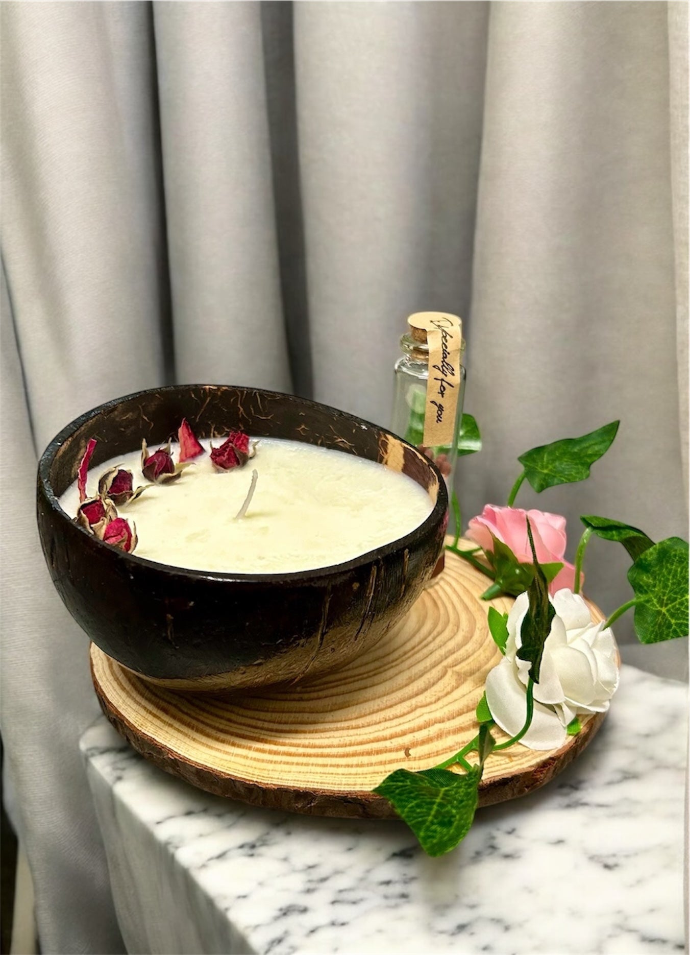 ROSE Scented Coco shell Candle with Wooden Slice and Bottle of matches.