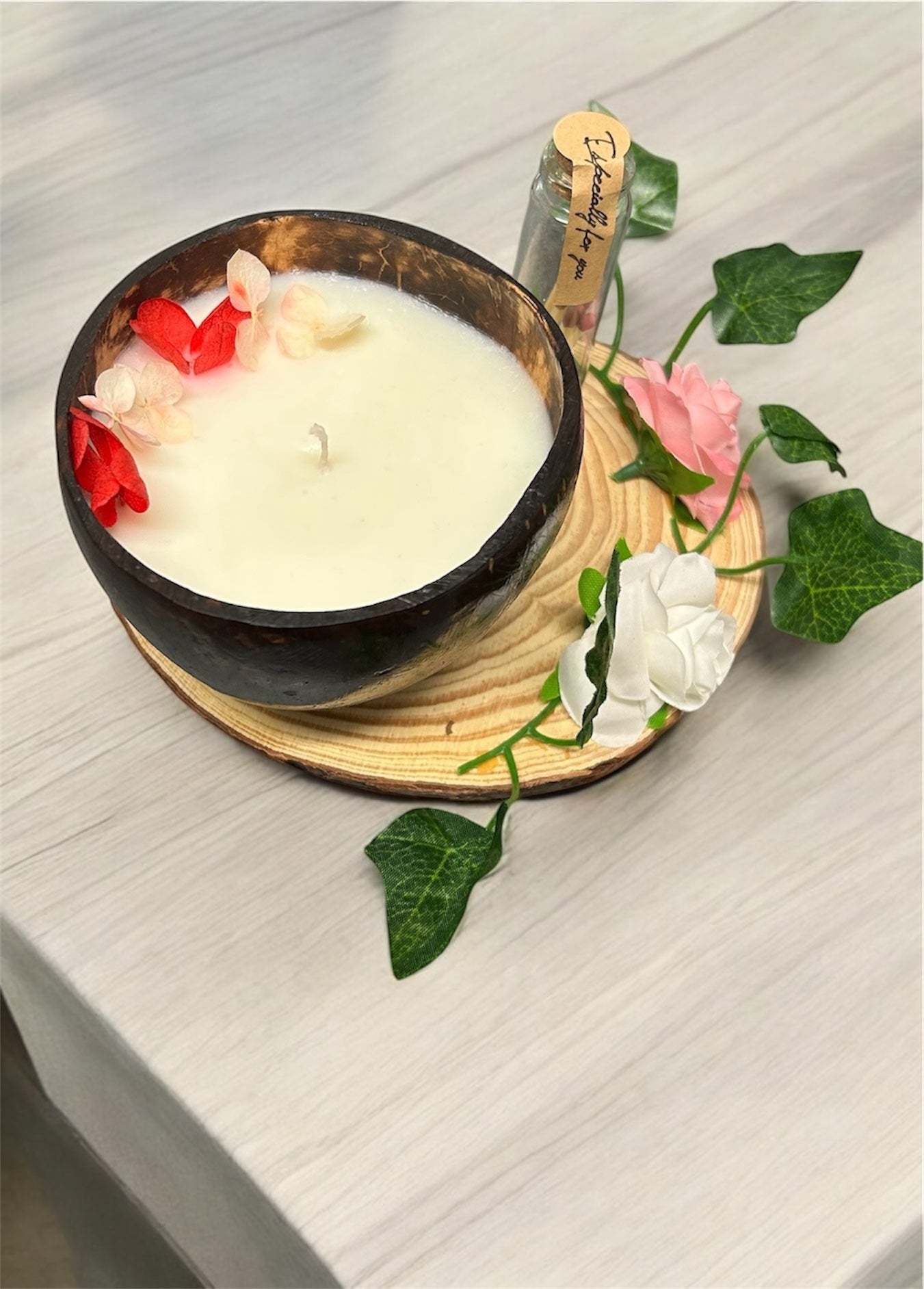 VANILLA Scented Coco shell soy wax candle with wooden plate & a bottle of matches!