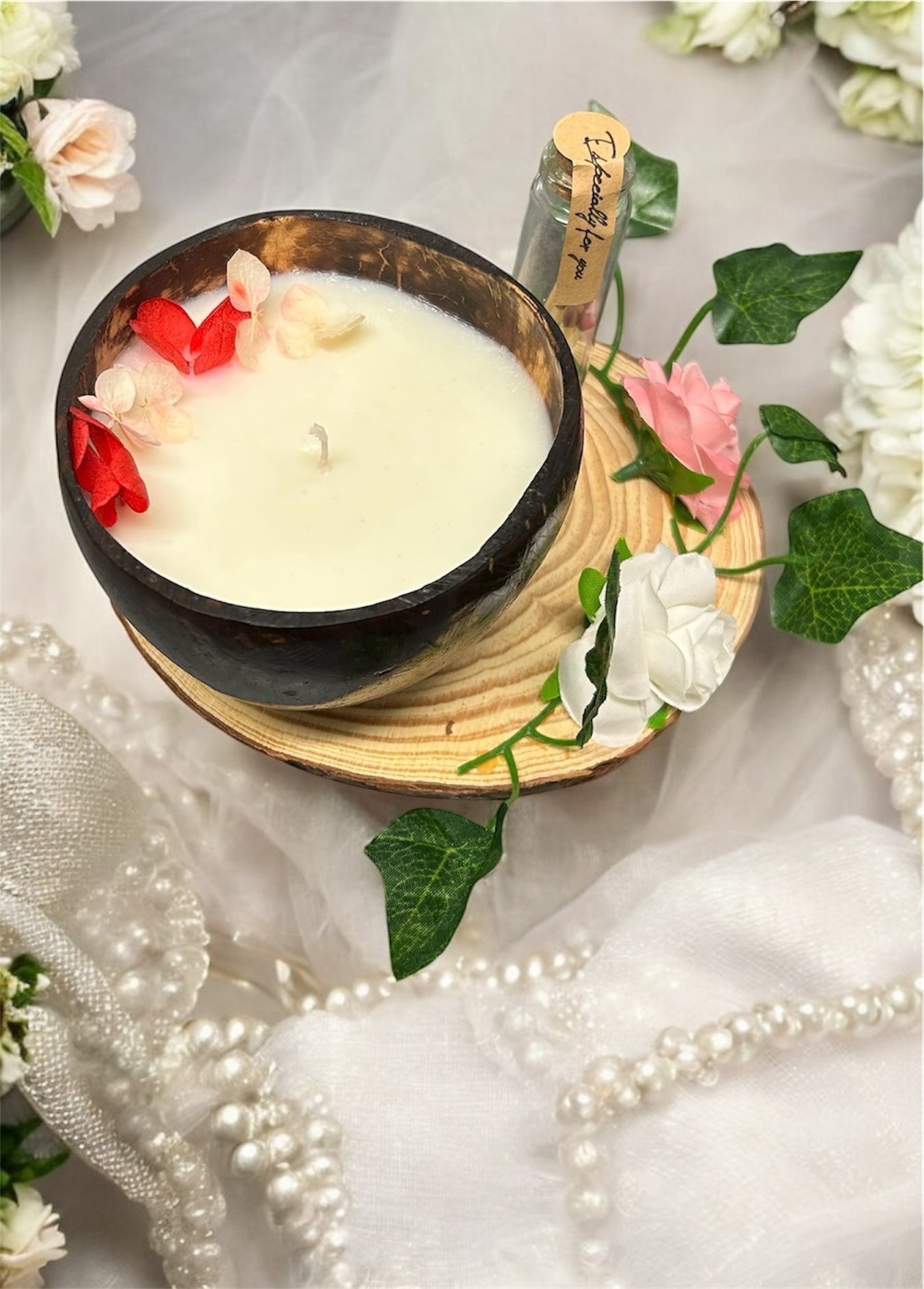 VANILLA Scented Coco shell soy wax candle with wooden plate & a bottle of matches!