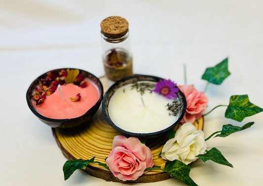 Small size of ROSE and LAVENDER scented coconut shell SOY WAX candles with Wooden slice and Bottle of matches