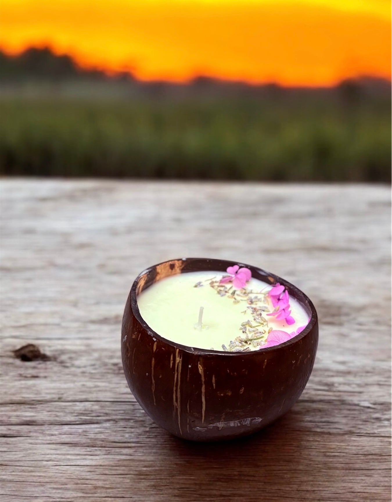 LAVENDER Scented Coco shell candle with wooden slice and bottle of matches.