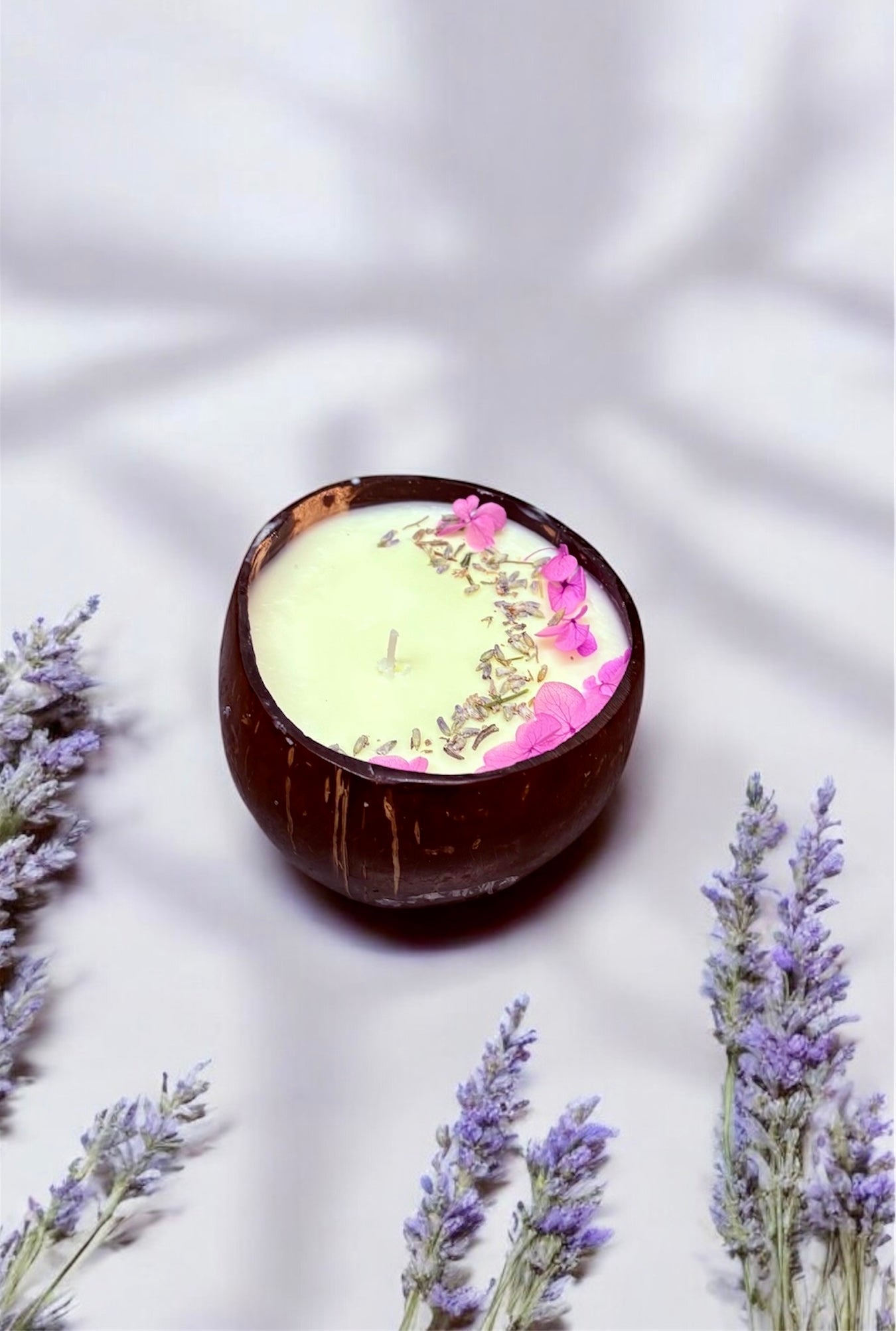 LAVENDER Scented Coco shell candle with wooden slice and bottle of matches! EASTER SPECIALS!