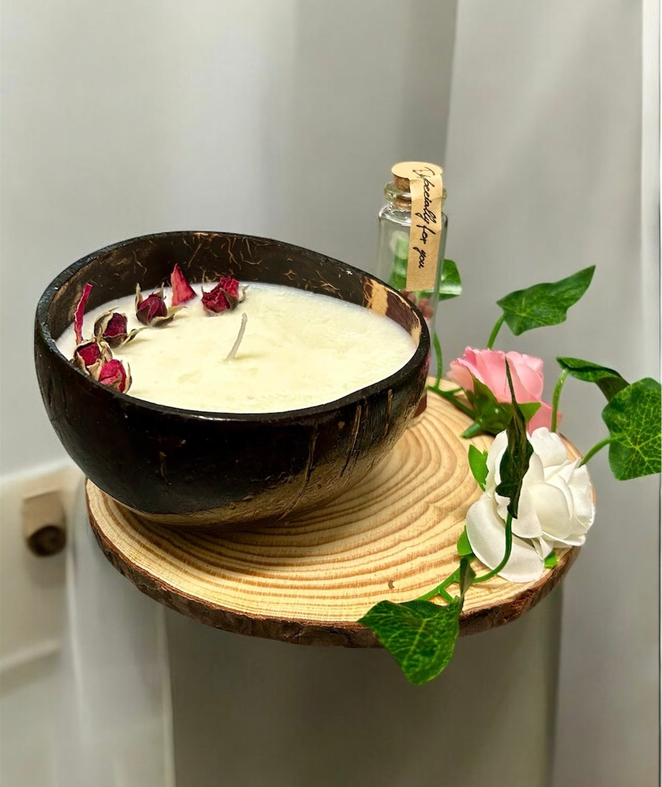 ROSE Scented Coco shell Candle with Wooden Slice and Bottle of matches. CHRISTMAS SPECIALS!