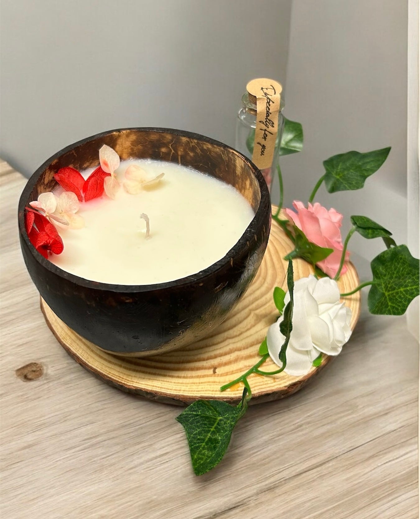 VANILLA Scented Coco shell soy wax candle with wooden plate & a bottle of matches! EASTER SPECIALS!