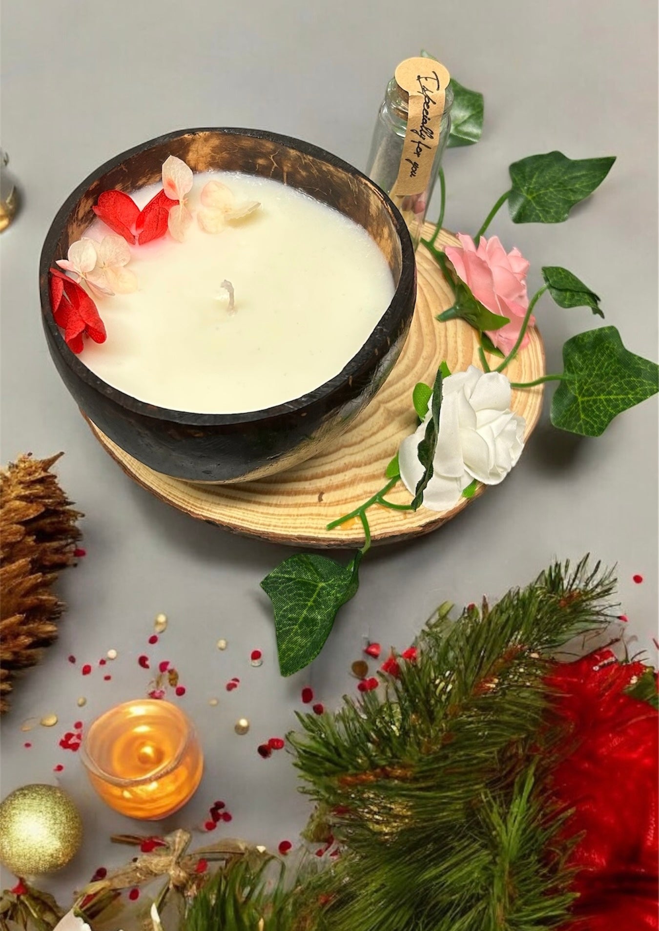 VANILLA Scented Coco shell soy wax candle with wooden plate & a bottle of matches! CHRISTMAS SPECIALS!