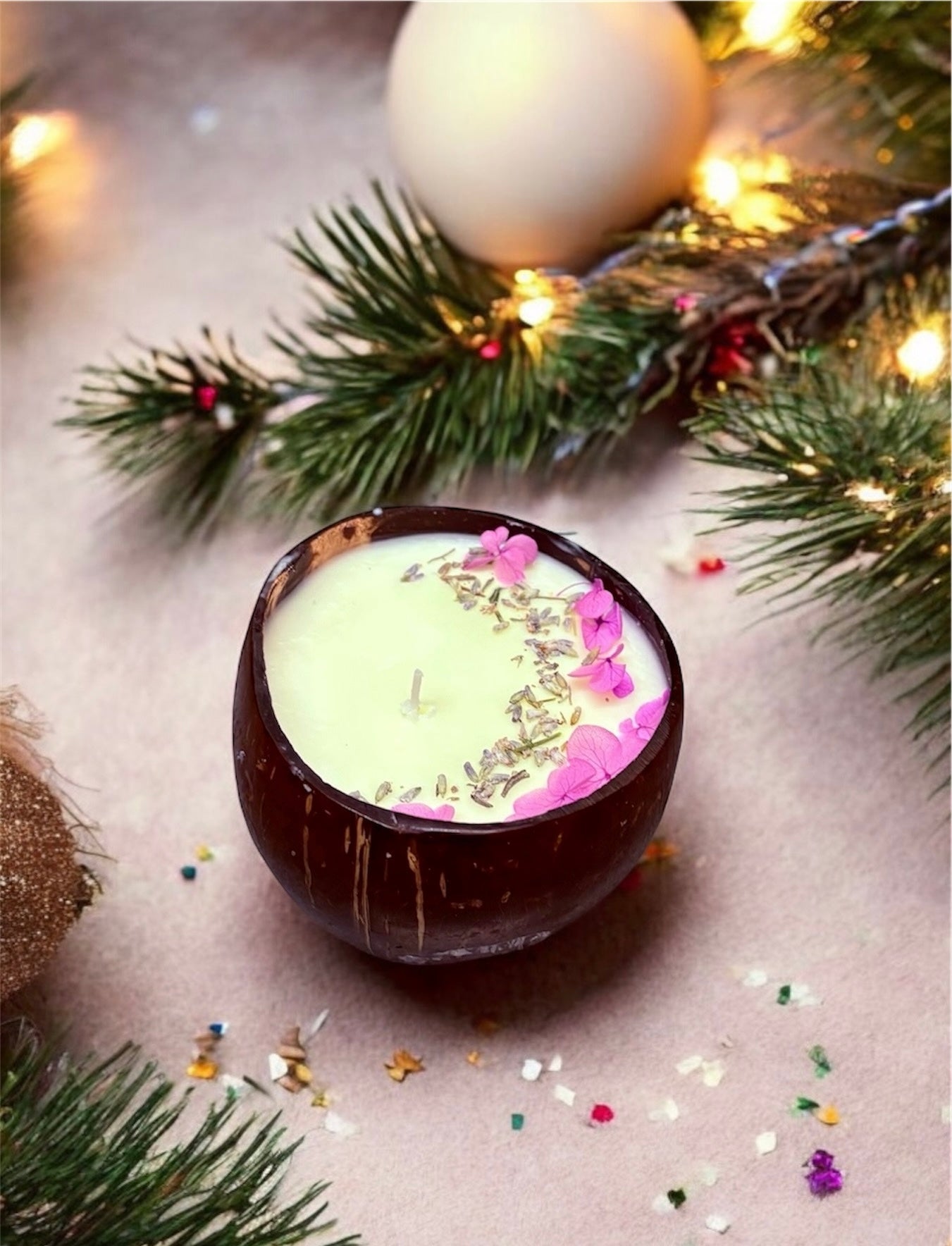 LAVENDER Scented Coco shell candle with wooden slice and bottle of matches.