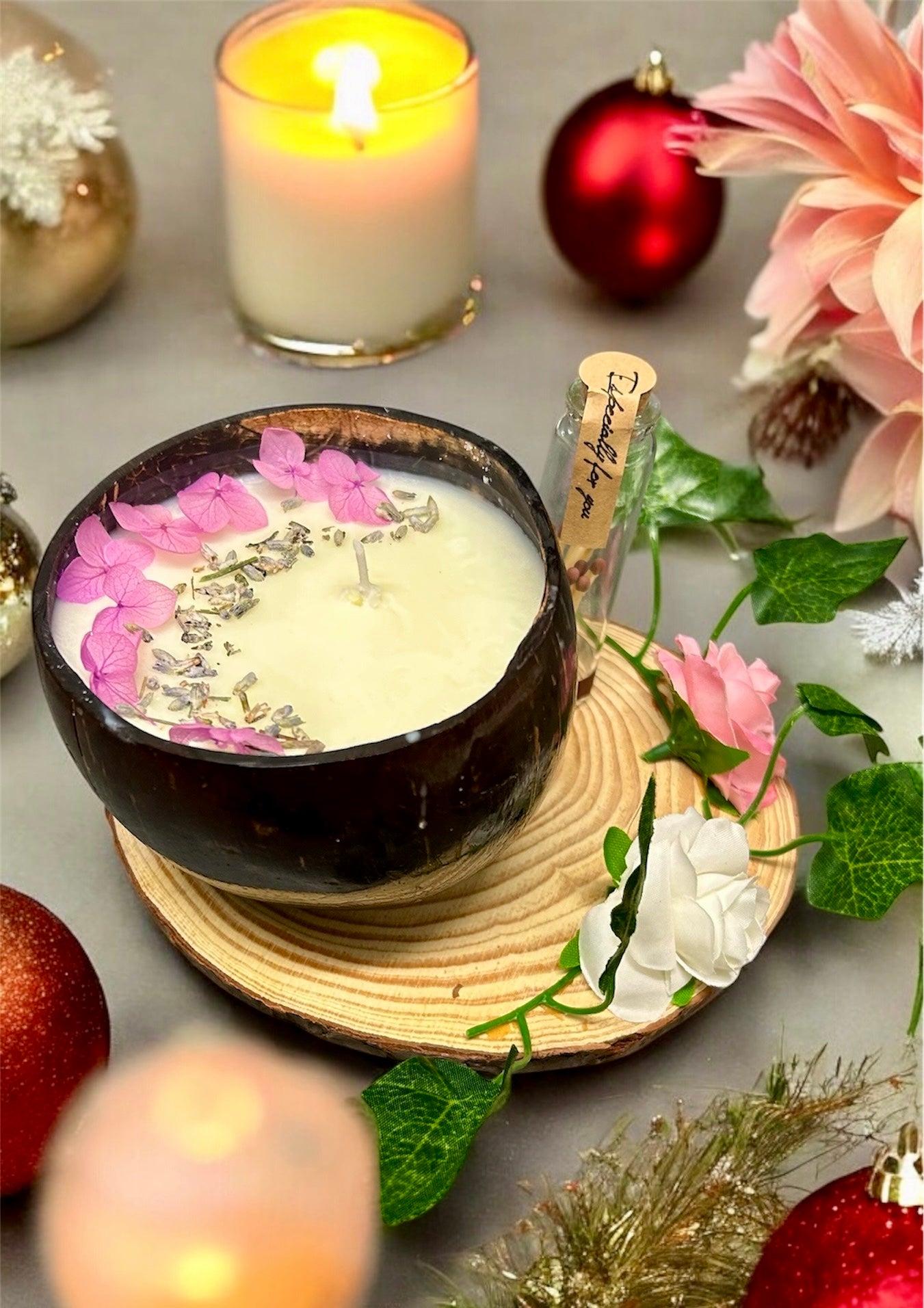 LAVENDER Scented Coco shell candle with wooden slice and bottle of matches! CHRISTMAS SPECIALS!