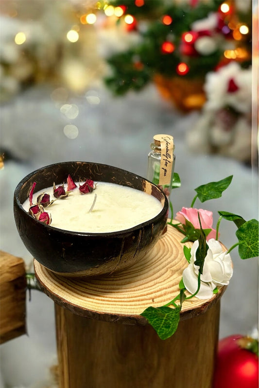 ROSE Scented Coco shell Candle with Wooden Slice and Bottle of matches.