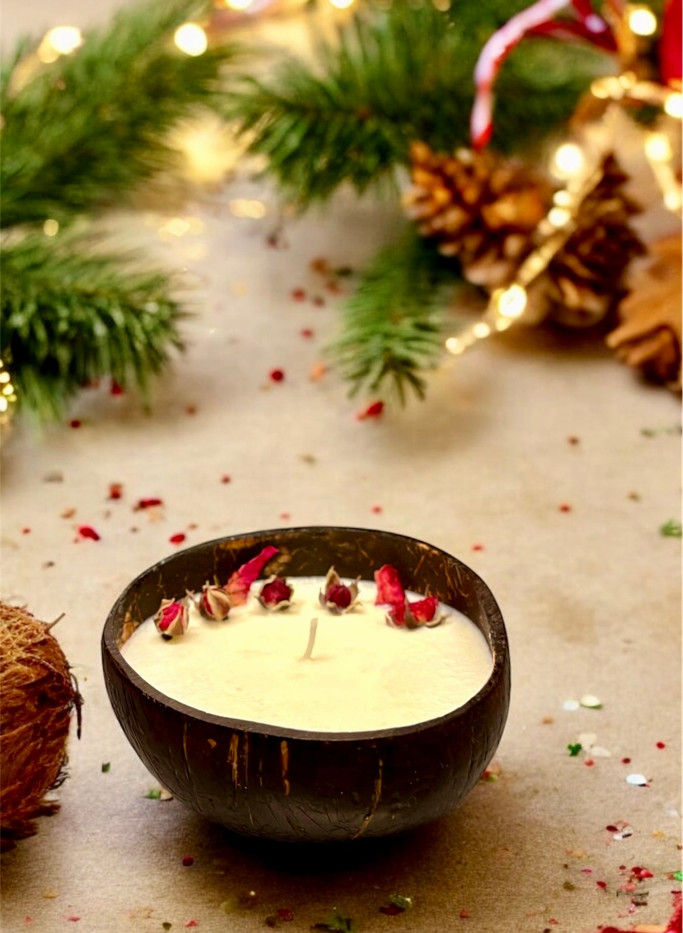 ROSE Scented Coco shell Candle with Wooden Slice and Bottle of matches.