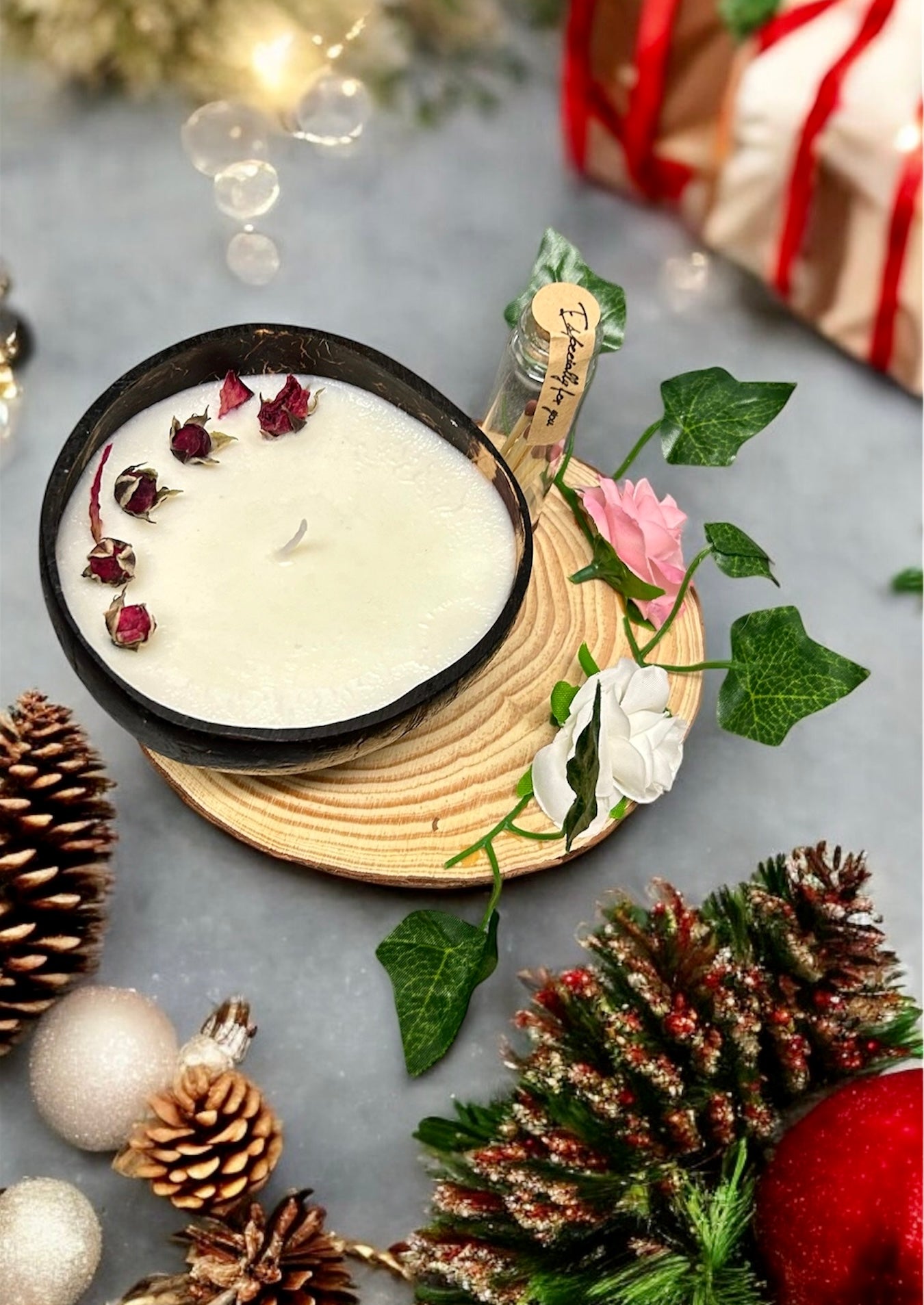 ROSE Scented Coco shell Candle with Wooden Slice and Bottle of matches. CHRISTMAS SPECIALS!