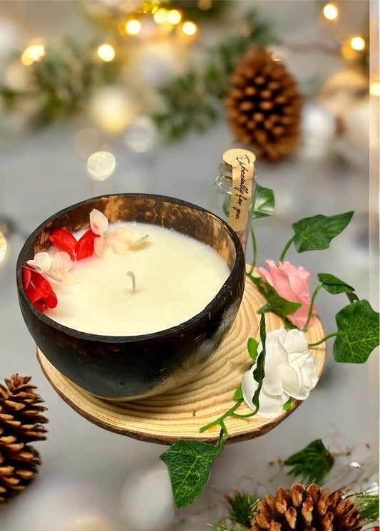 VANILLA Scented Coco shell soy wax candle with wooden plate & a bottle of matches! CHRISTMAS SPECIALS!