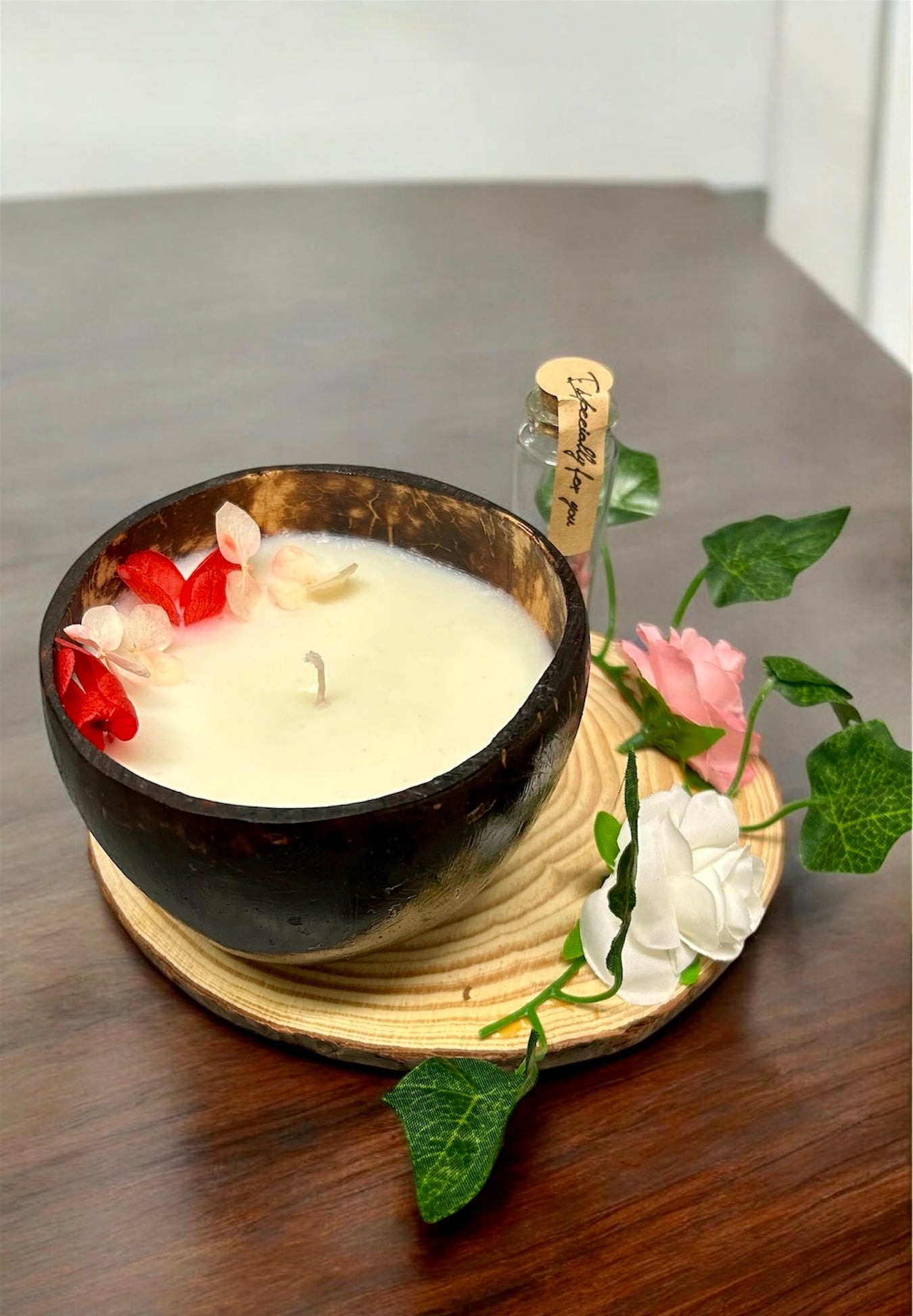 VANILLA Scented Coco shell soy wax candle with wooden plate & a bottle of matches! CHRISTMAS SPECIALS!