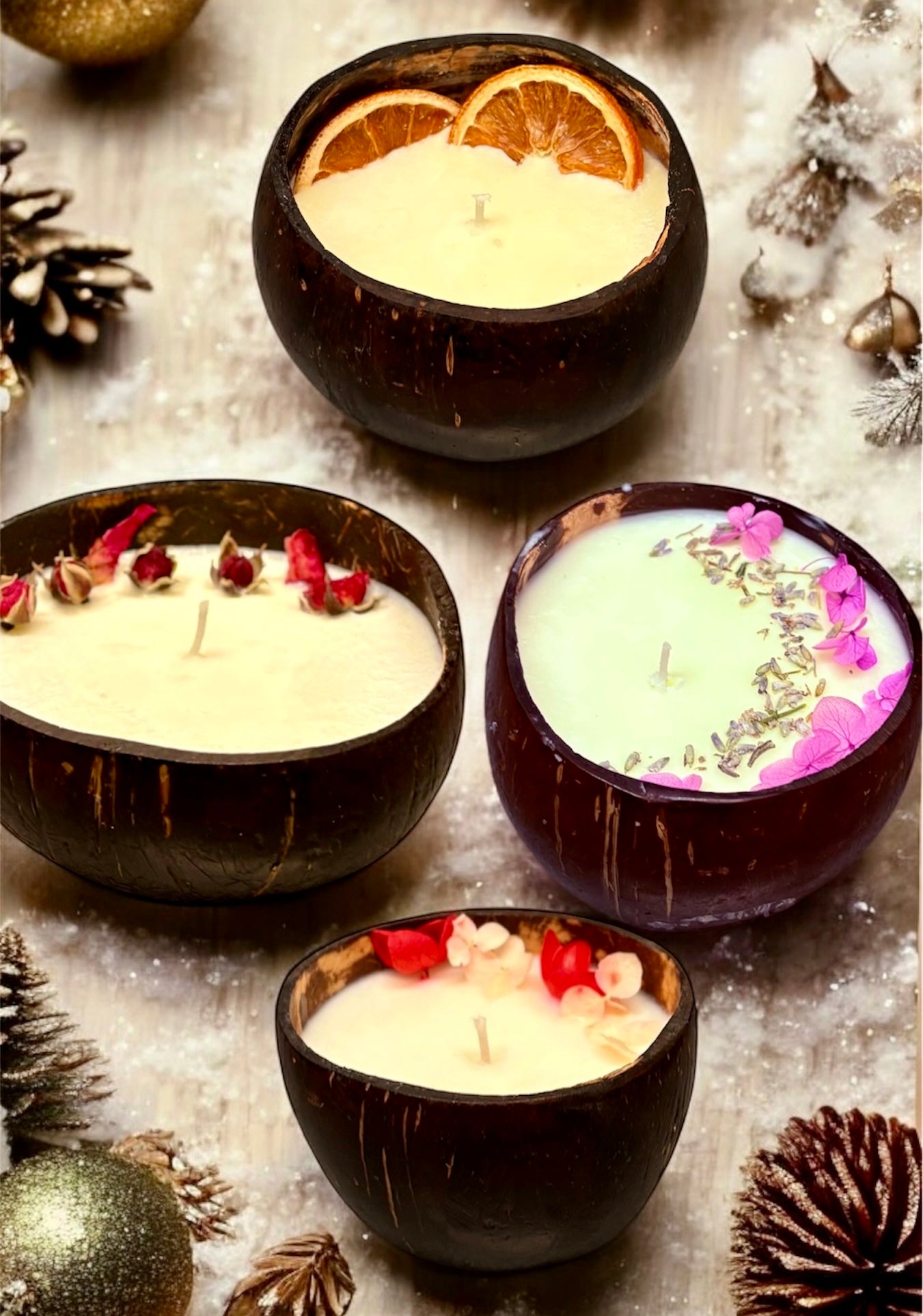ROSE Scented Coco shell Candle with Wooden Slice and Bottle of matches. EASTER SPECIALS!